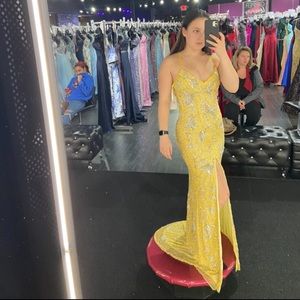 Yellow Beaded Butterfly Prom Dress with Leg Slit!